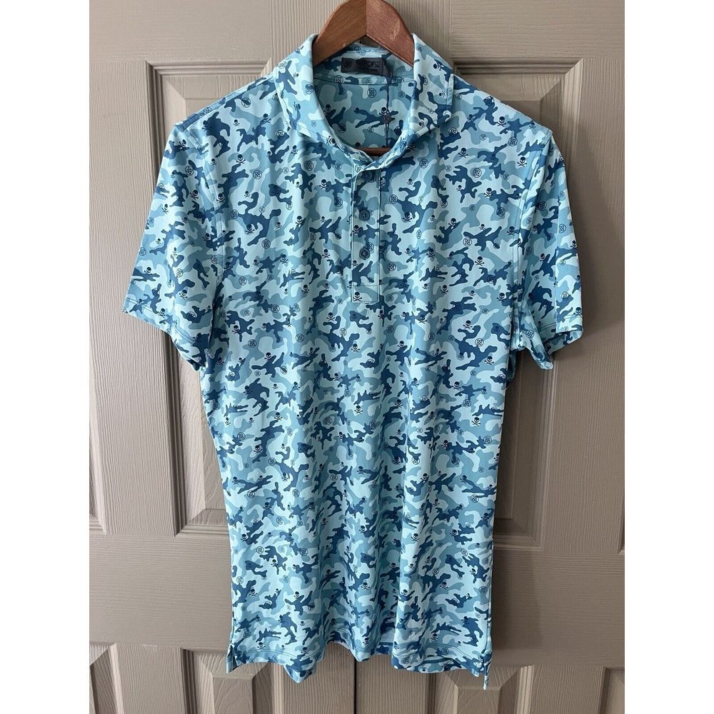 New G Fore Green Blue Camo with Skulls Performance Golf Polo Shirt Mens S - Picture 4 of 6